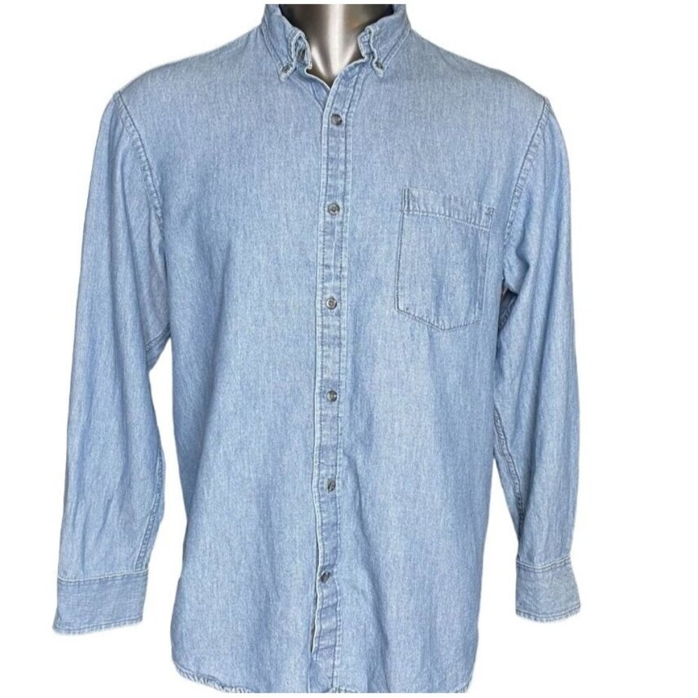 Mens Izod Blue Denim Button Down Shirt Size Large Single Pocket u